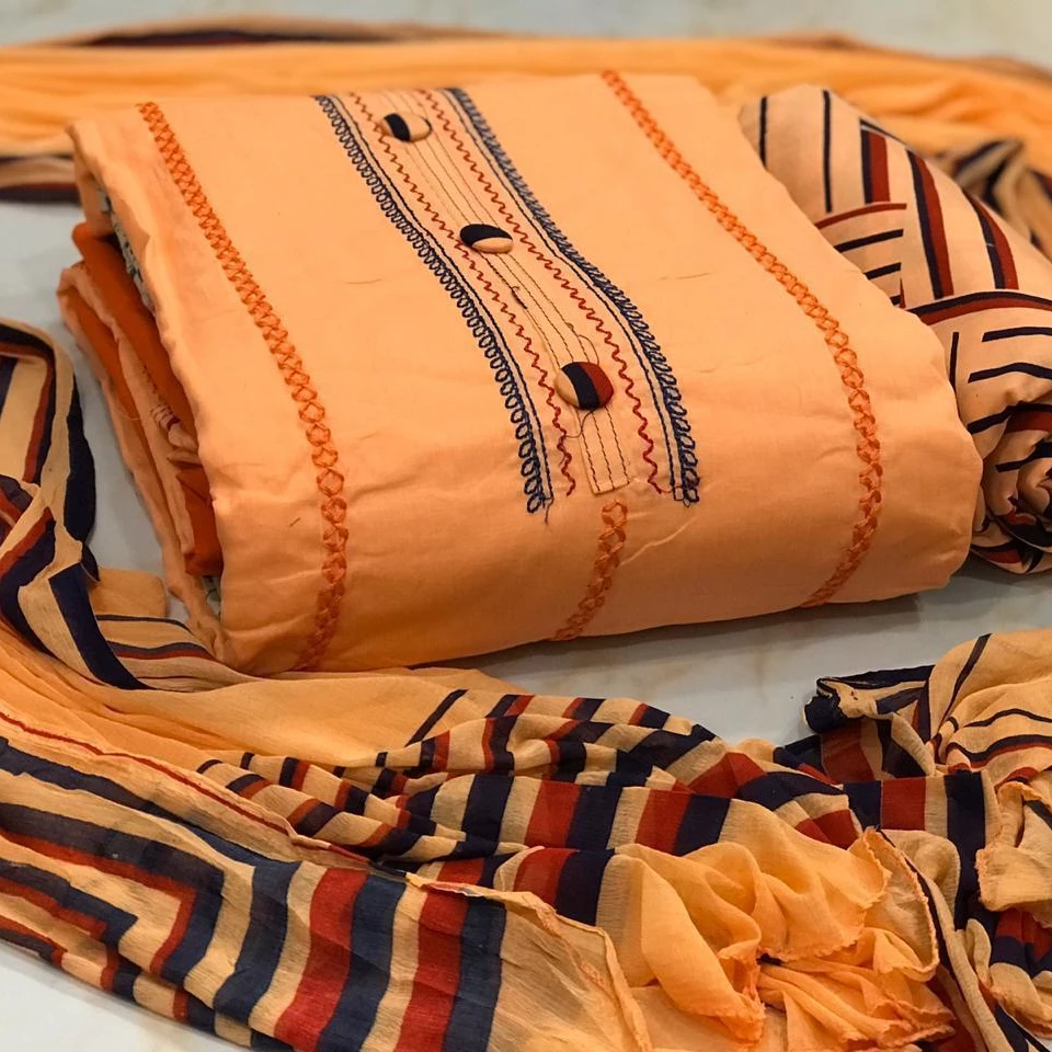 Fashionable designer wedding wear heavy embroidered orange color checks design 3 piece salwar kameez suit dupatta Indian girls