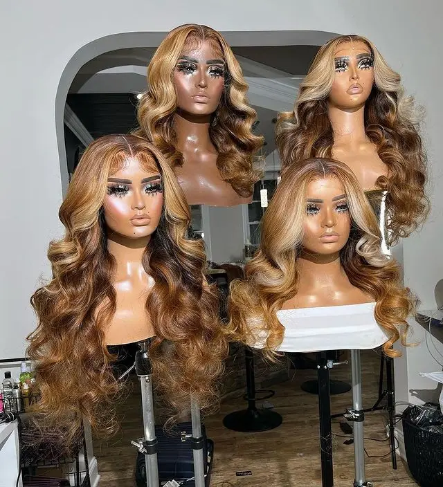Highlighted ombre honey brown color highlighted human hair hd full lace wigs,613 blonde black highlight lace front wig