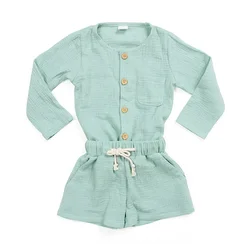 Kids clothing baby clothes long sleeves wood buttons top draw string shortie sold mint woven organic cotton muslin baby sets