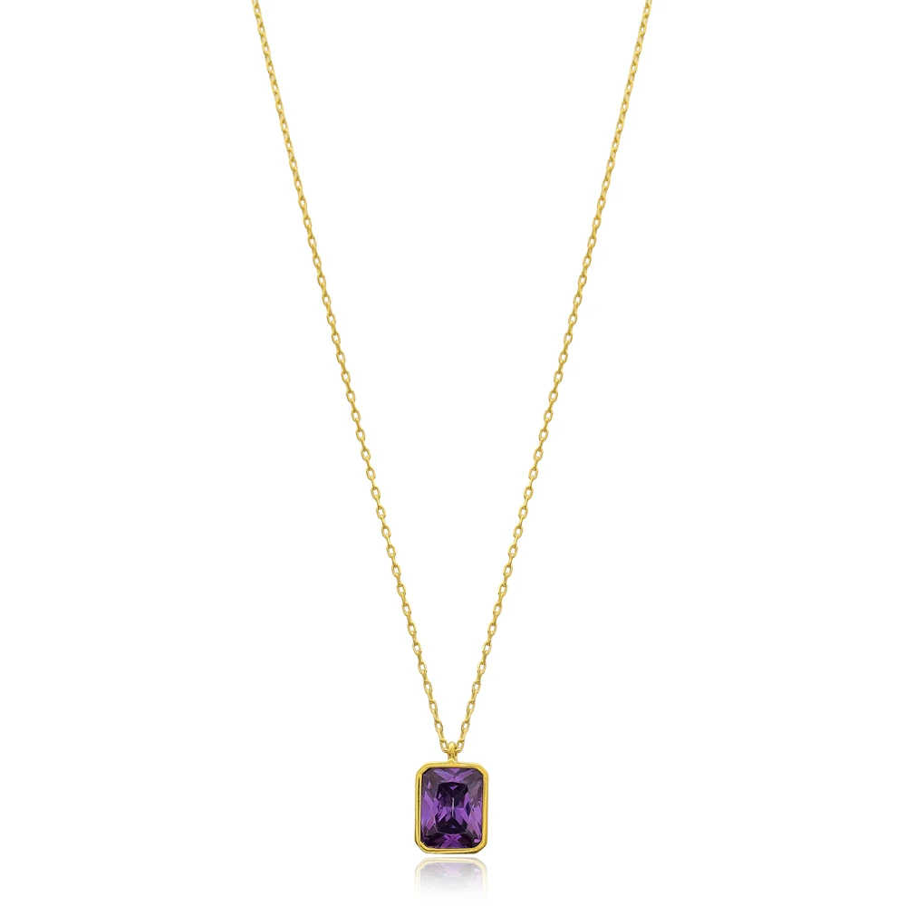 Amethyst Crystal Square Shape Stone Minimalist Pendant Wholesale Handmade 925 Silver Sterling Necklace