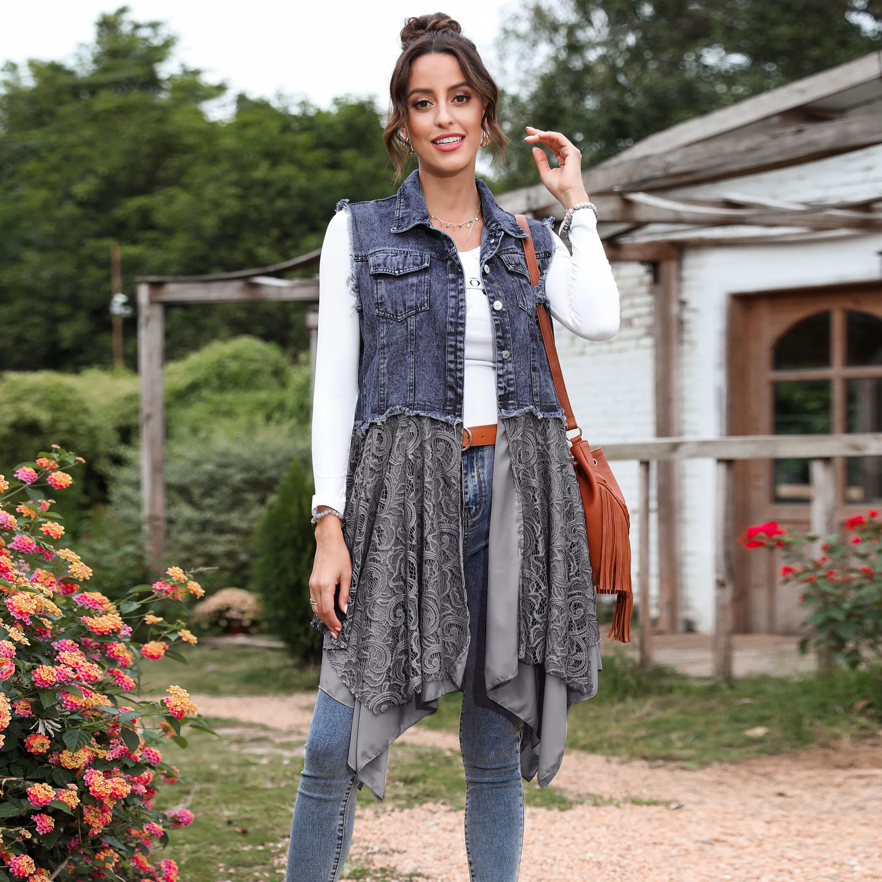 Denim &  Lace Handkerchief Button-Up Longline Vest