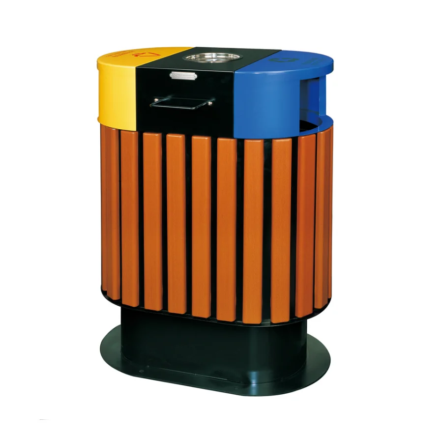Outdoor Garbage Oval Shape Iron Powder Coating Faux Wood Classified Waste Bin