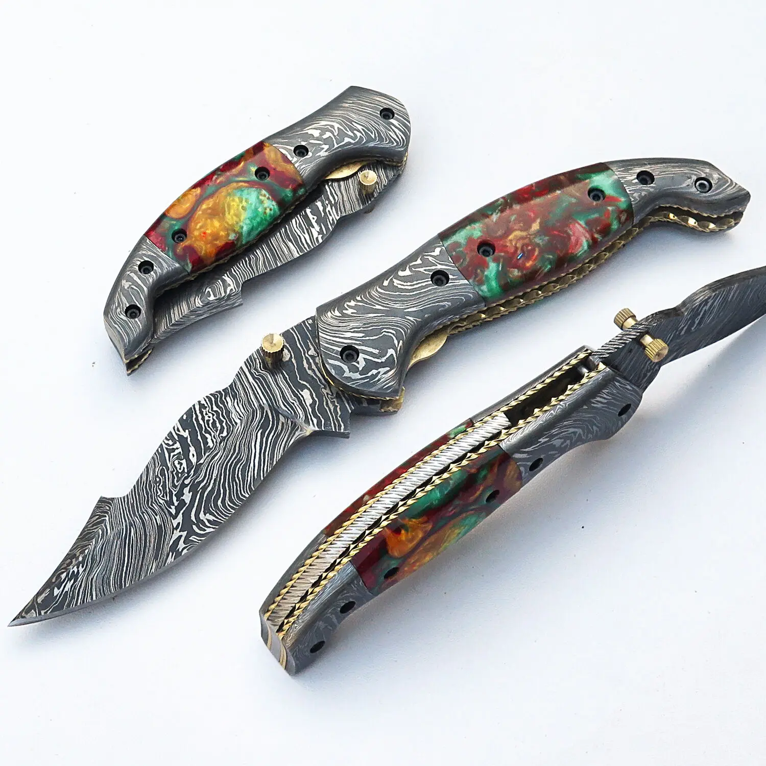 UNIQUE HANDMADE DAMASCUS STEEL FOLDING KNIFE LINER LOCK / HANDEL GEM STONE