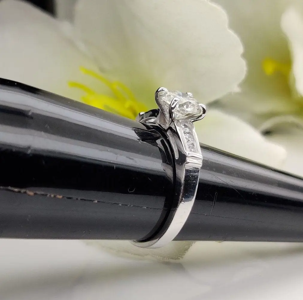 100% Genuine Round Brilliant Cut DEF Moissanite Diamond Solitaire With Accents Engagement Ring in 14k Solid White Gold By Ritzin