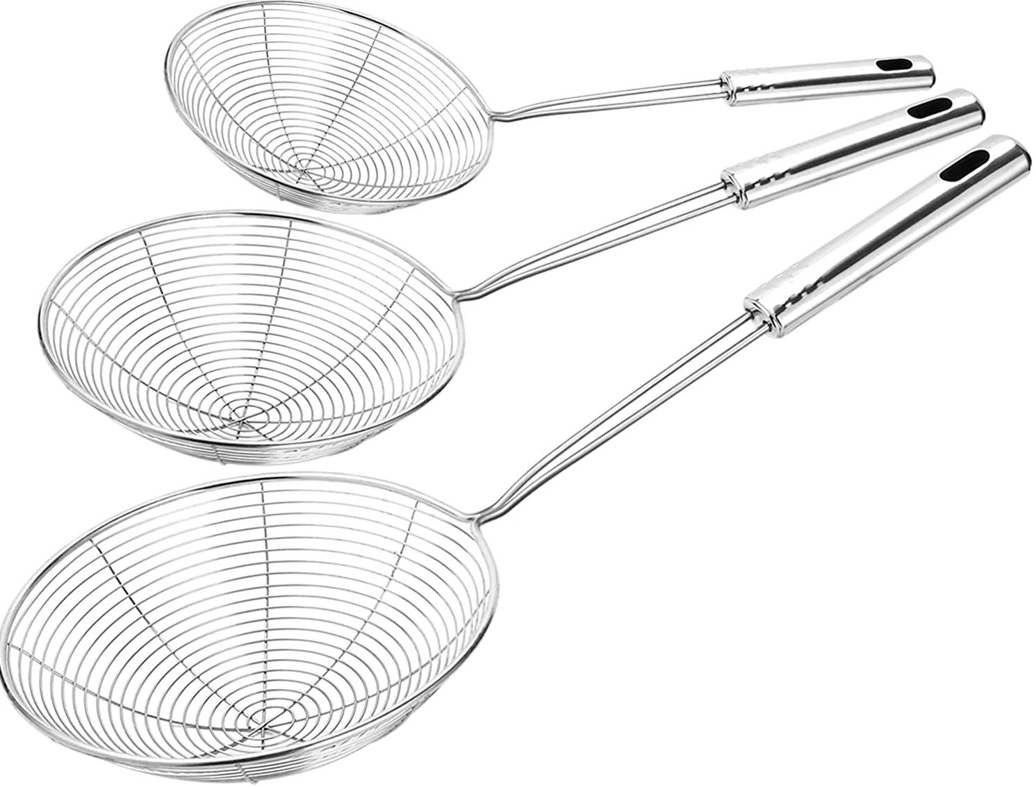 stainless steel set of 3 strainer skimmer spoon for frying and cooking wire pasta strainer with long handle
