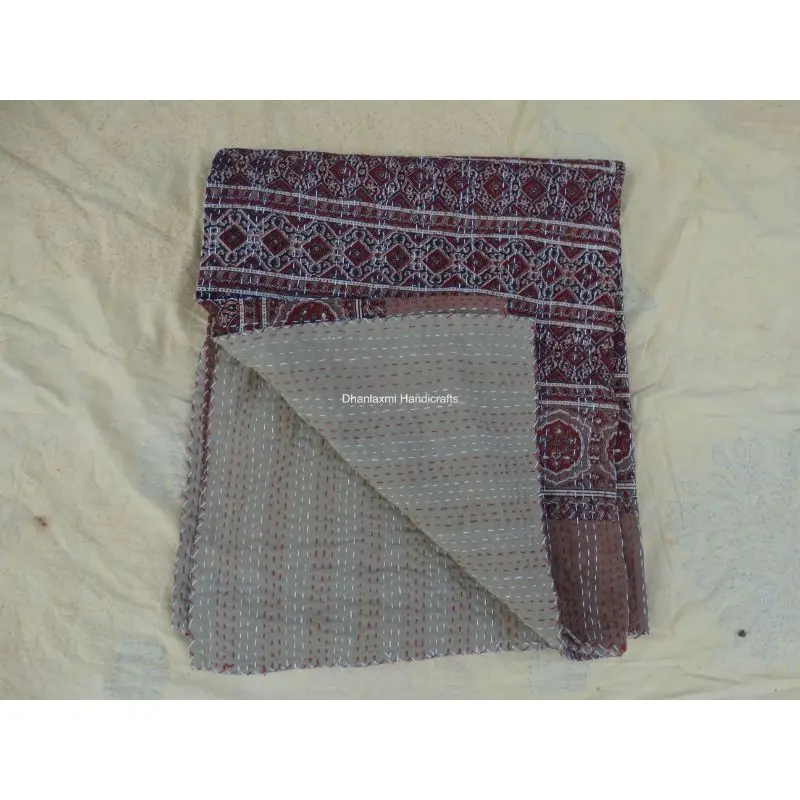 Оптовая Продажа Покрывало Kantha домашнее декоративное индийское Ajrakh ручной принт коричневый цвет красивое Хлопковое одеяло работы