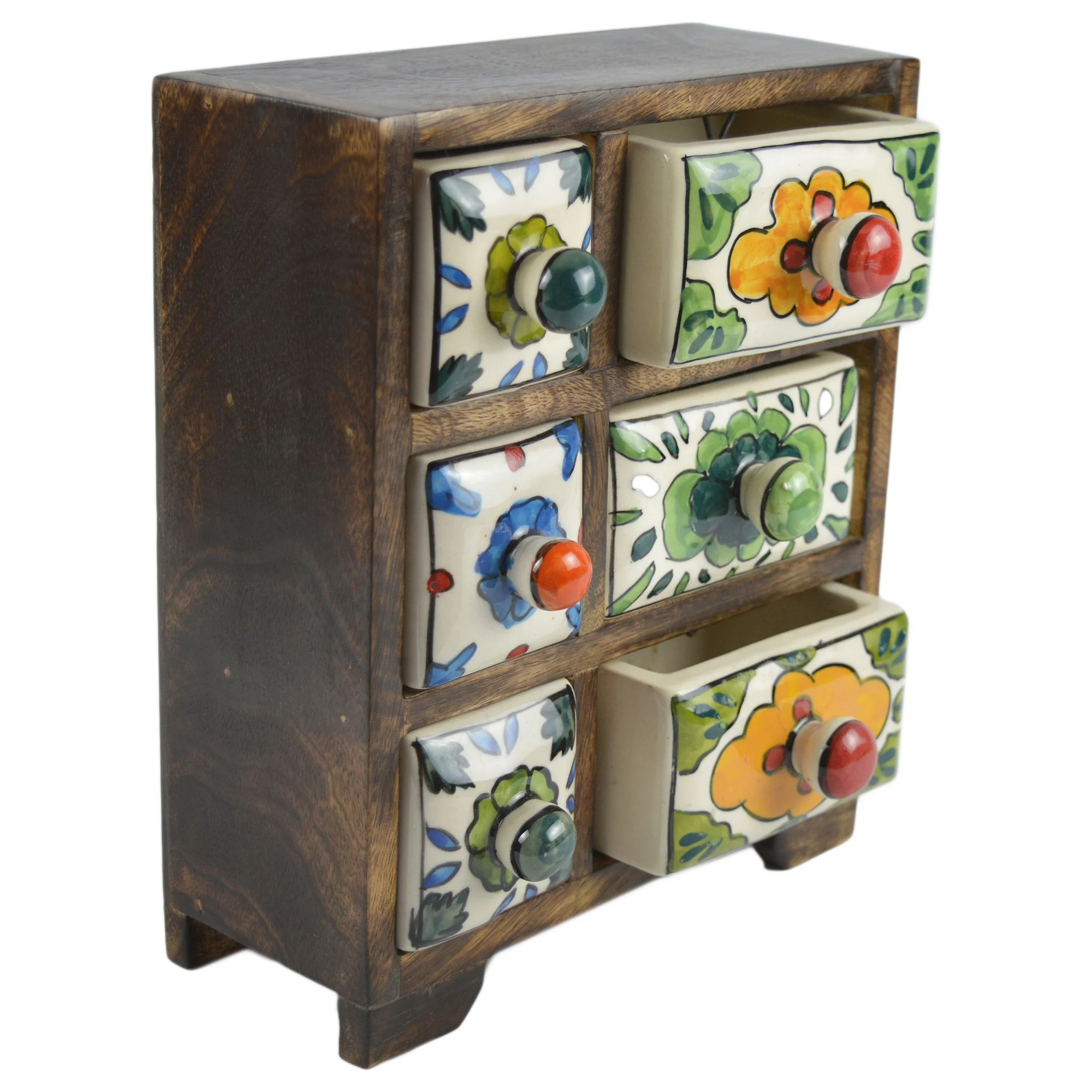 Colorful Wooden Rack With 6 Ceramic Drawer Spice Rack Apothecary Spice Box Colored Mango Wood Chest Ceramic Storage Jewelry Box