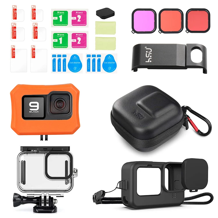 
Accessories Bundle Waterproof Housing Tempered Glass Lens Screen Protector Film Silicone Case Colorful Filters Kit for Gopro9 