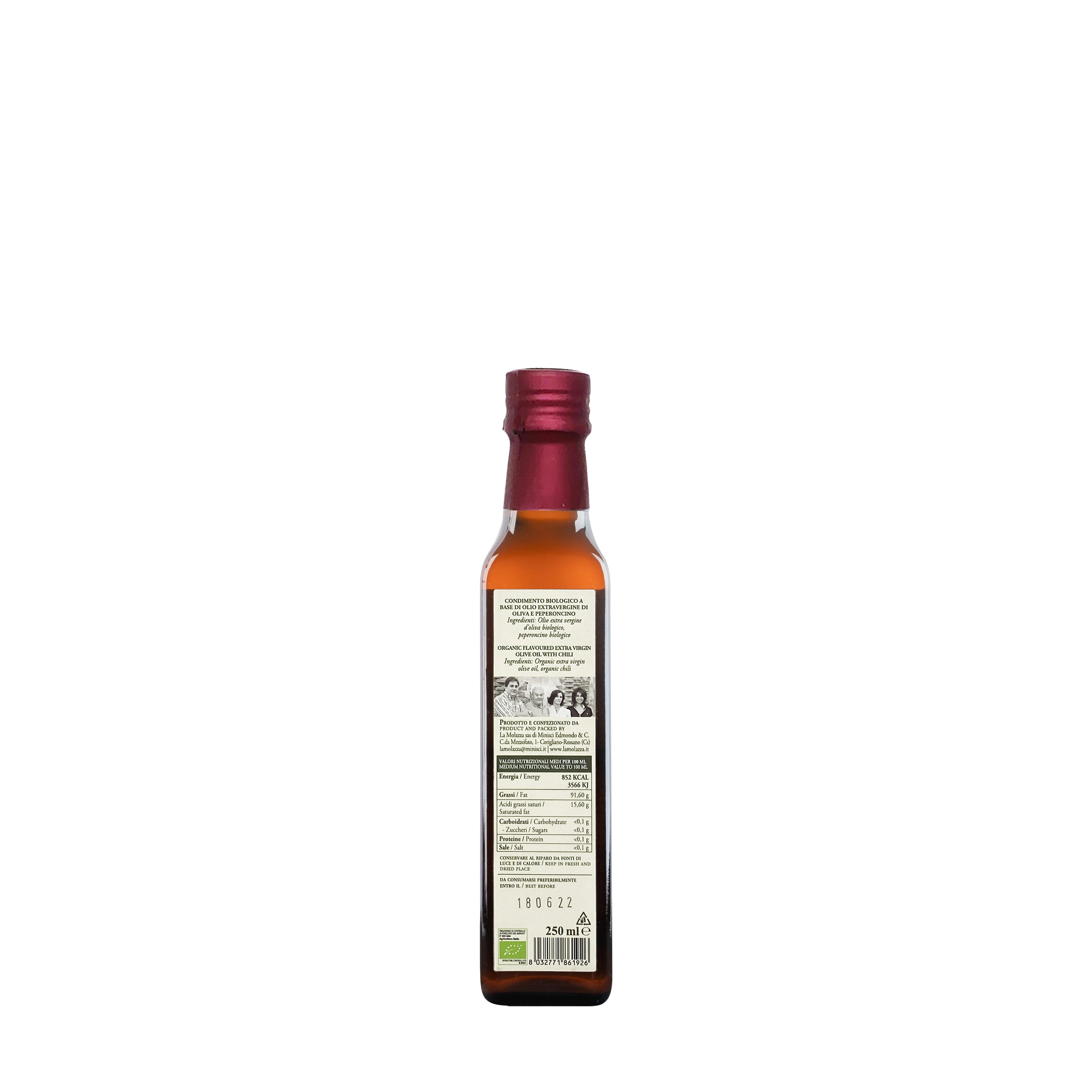100% Italian Organic Extra Virgin Olive Oil 0.25L flavored with certified natural chilli pepper, excellent for dressing