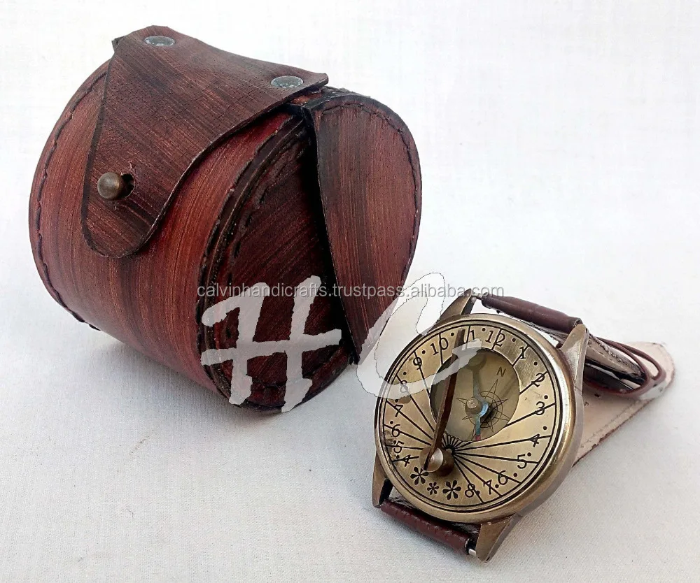 Calvin Handicraft Antique Nautical Sundial Compass Solid Brass Wrist Watch with Leather Case For Father Mother Brother CHCOM001