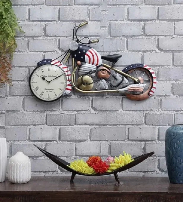 Newest US BIKE Amazon Hot Selling Custom Design Decorative Metal Vintage Design Antique Clock for Home Art WALL Decoration