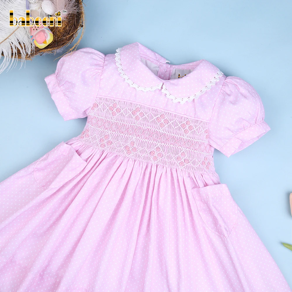 Pink polka dot geometric smocked dress for baby girl ODM kids dresses for girls wholesale baby dresses- BB2540