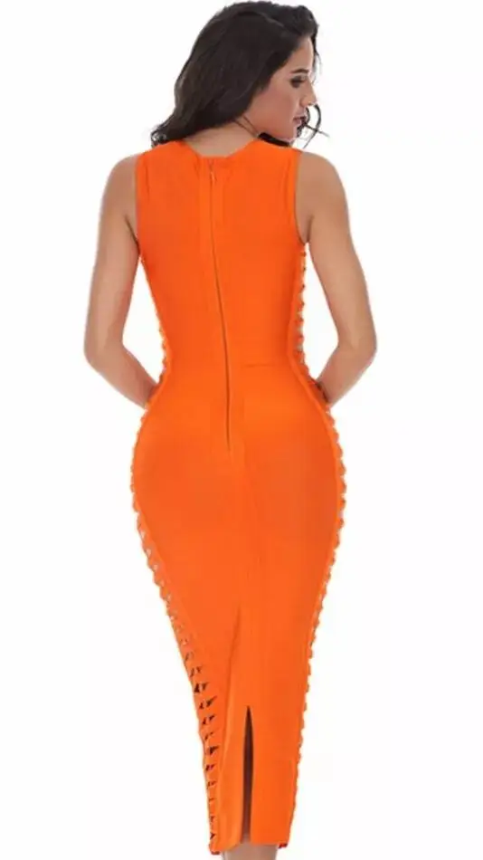 WOMEN PARTY CLUBWEAR CELEBRITY BANDAGE DRESS RUNWAY ORANGE DRESS O-NECK SIDE HOLLOWED OUT CLUB DRESSES