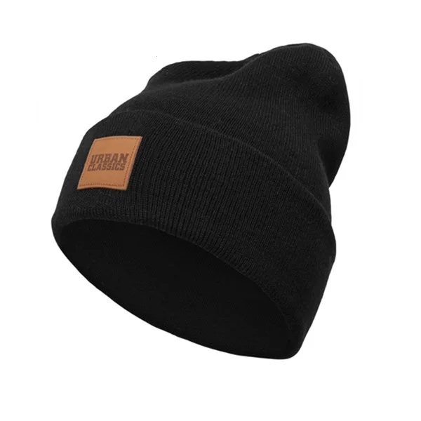 Hot Sale Fashion heather grey winter hats custom slouch beanie hat with leather patch knitted beanie Warm winter hats