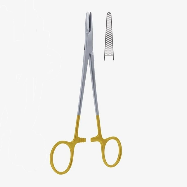 Хирургические инструменты держатели игл и продеватели обжимные деревянные с храповым механизмом для пальцев.