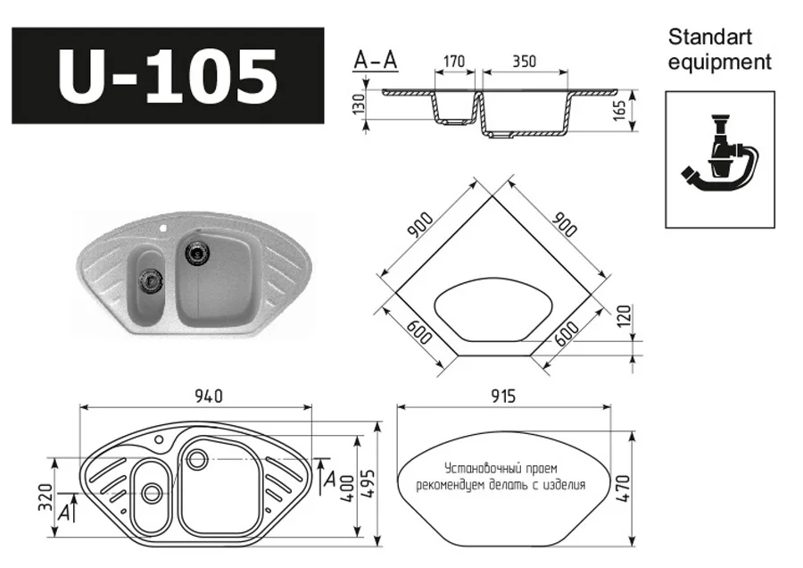 Top quality composite corner kitchen sink ULGRAN U-105 with mixer tap hole artifical stone double bowl