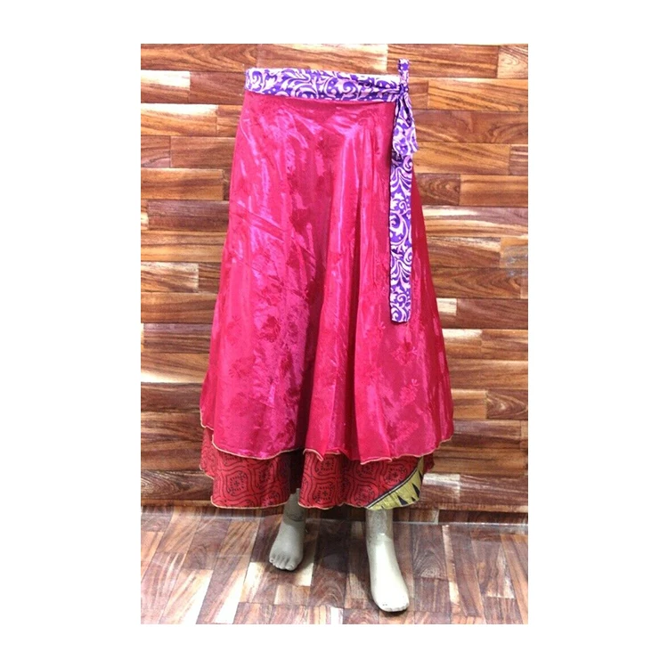 Hot Selling Beautiful Orange Color Vintage Recycled Silk Sari Wrap Around Skirts with Casual Belt and Lovely Printed Design
