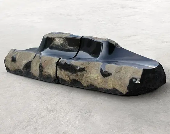 New Design Outdoor Decorative Natural Stone Long Monolithic Black Boulder Polished Basalt Wavy Bench with Back for Garden Patio