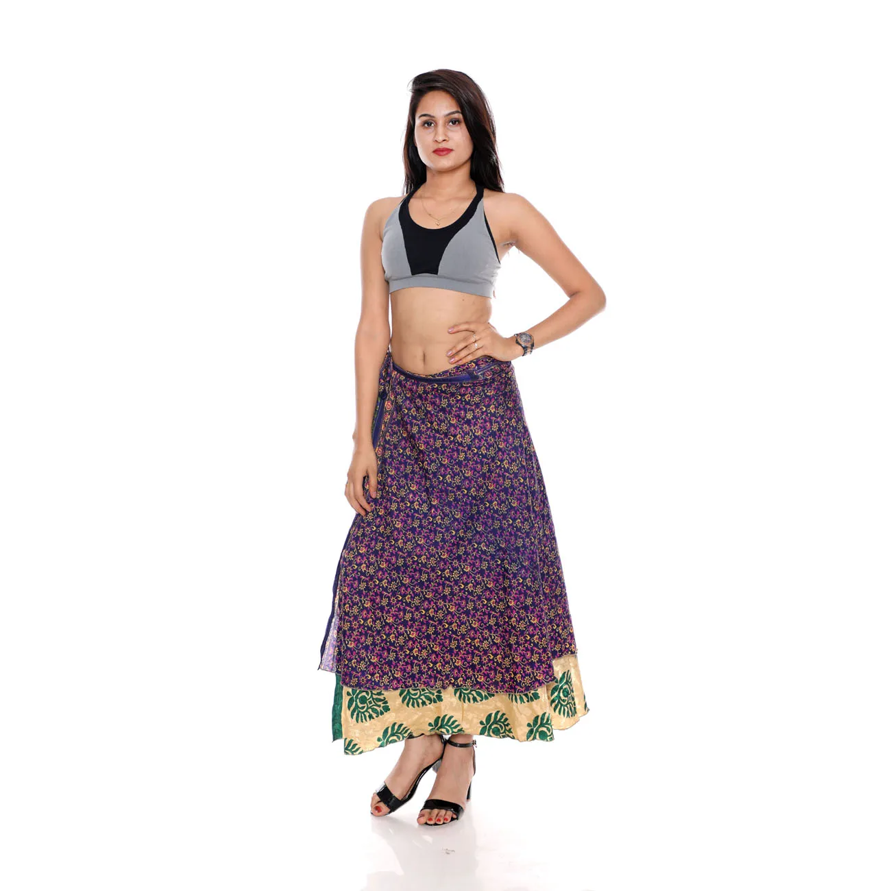 WOMEN SKIRT INDIAN GYPSY OR MAGIC WRAP SILK COVER UP DRESS REVERSIBLE SAREE
