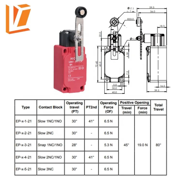 EP-1-4-21 Adjustable roller arm type waterproof safety metal limit switch
