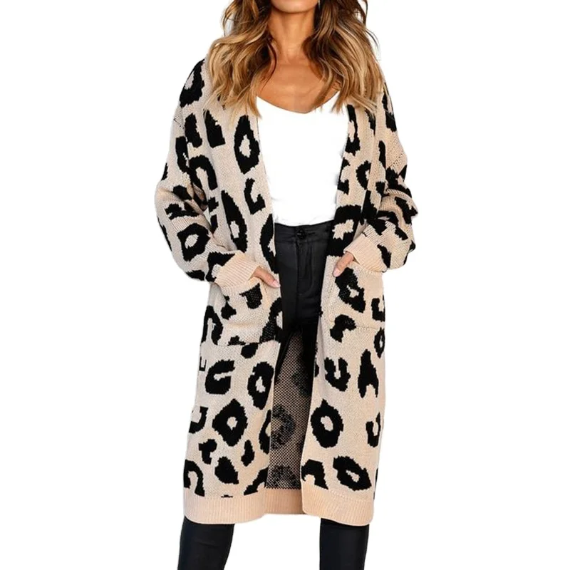 
Autumn winter women long knit cardigan with pocket leopard sueter cardigan sweater 