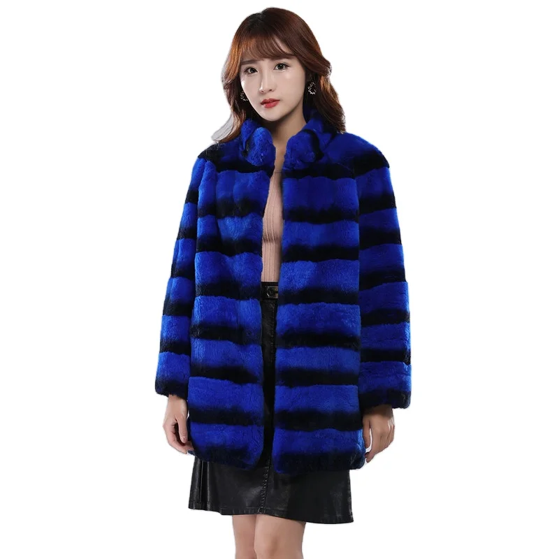 2021 new design products Chinchilla color Rex Rabbit Fur Coat for Fashion Women royal blue rex rabbit fur coat stand up collar