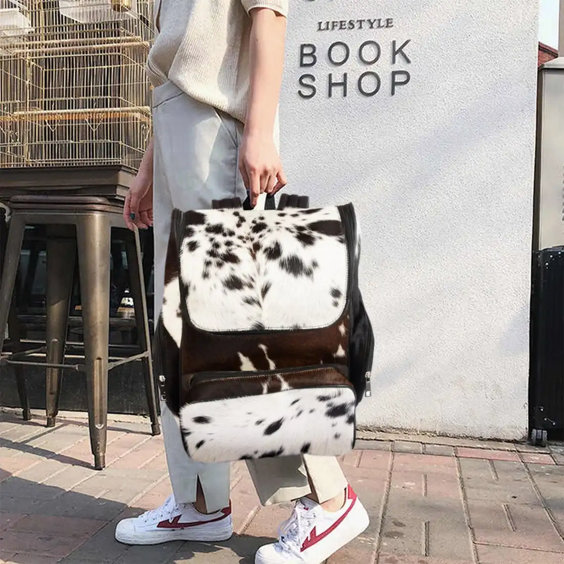  Рюкзак из воловьей кожи коричневая и белая дорожная сумка через плечо с мехом пони