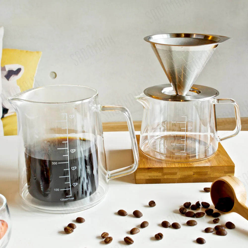 Double-layer heat-resistant travel glass mug coffee filter pot tea set 650ml Cup with scale brewing filter cup travel glass