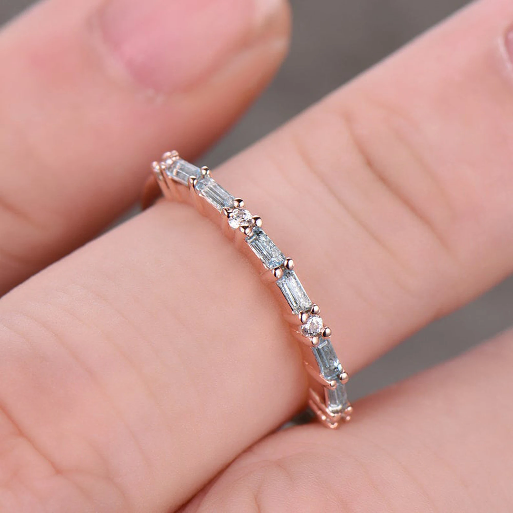 Topaz Wedding Ring Baguette Cut Blue CZ Stacking Band Rose Gold Plated Sterling Silver Anniversary