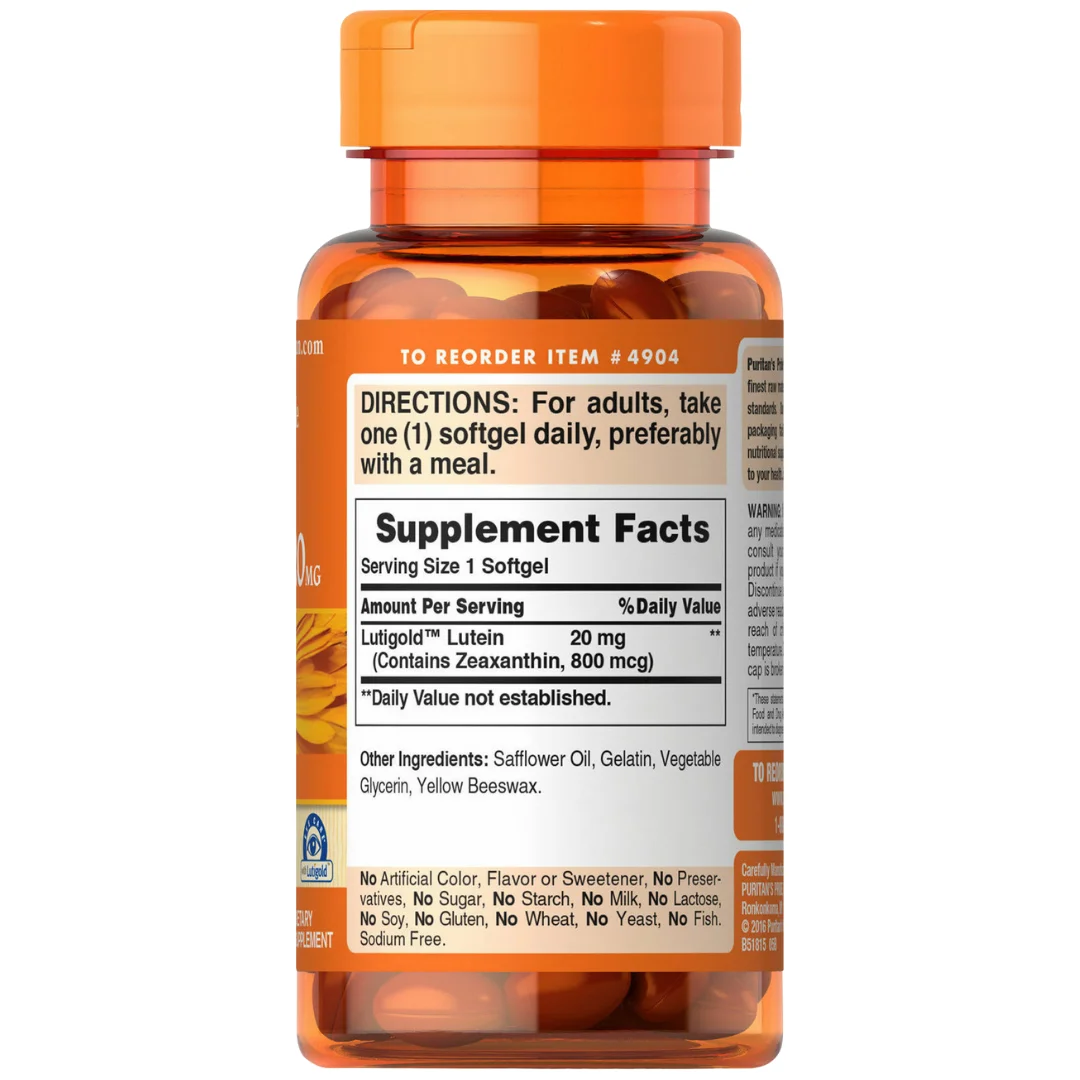 Puritans Pride Lutein Lutigold 20 mg with Zeaxanthin 120 Softgels Eye Care Antioxidant Eye Health Vitamin Supplements USA Made