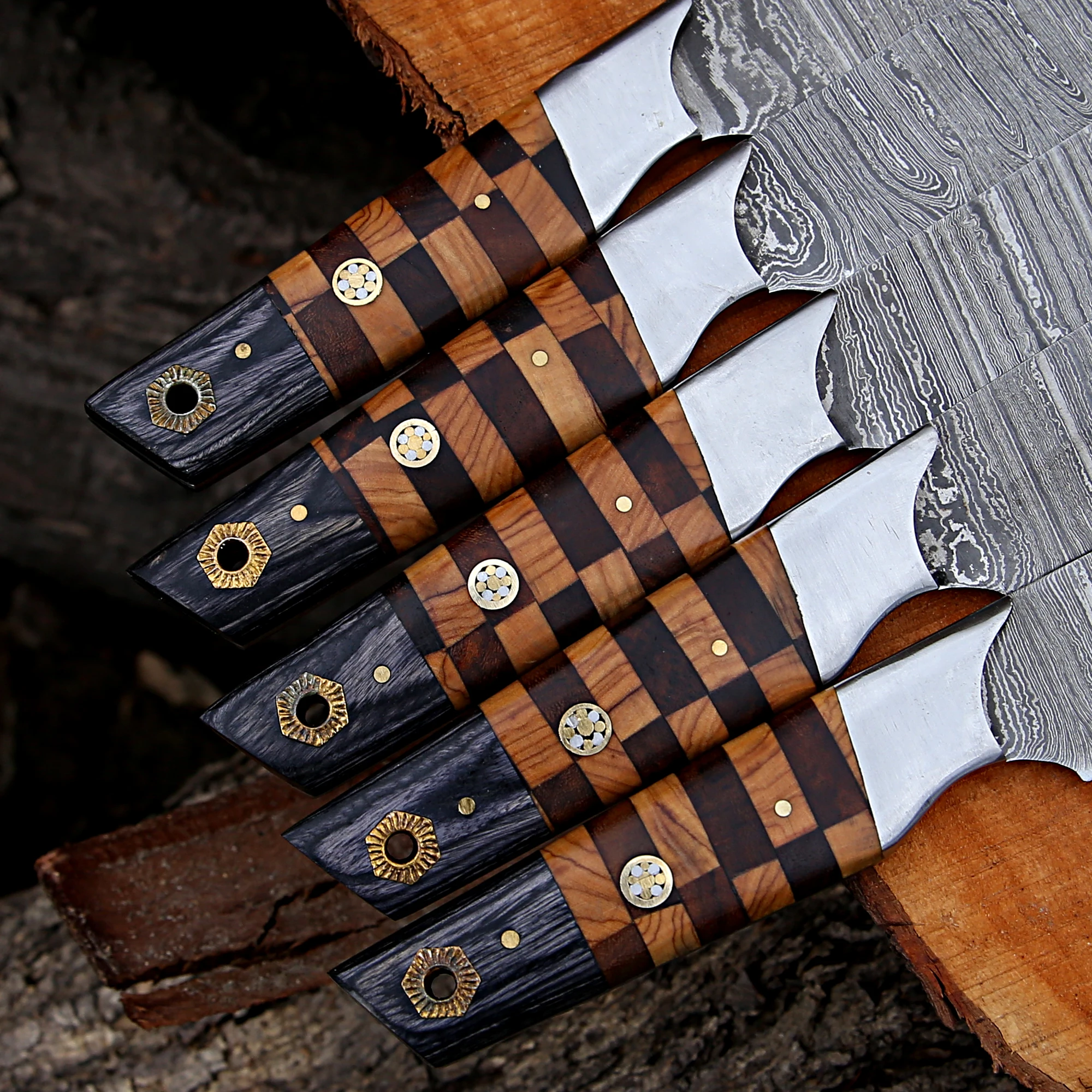 Набор ножей шеф-повара из дамасской стали ручной работы с кожевенным рулоном оптовая продажа острые