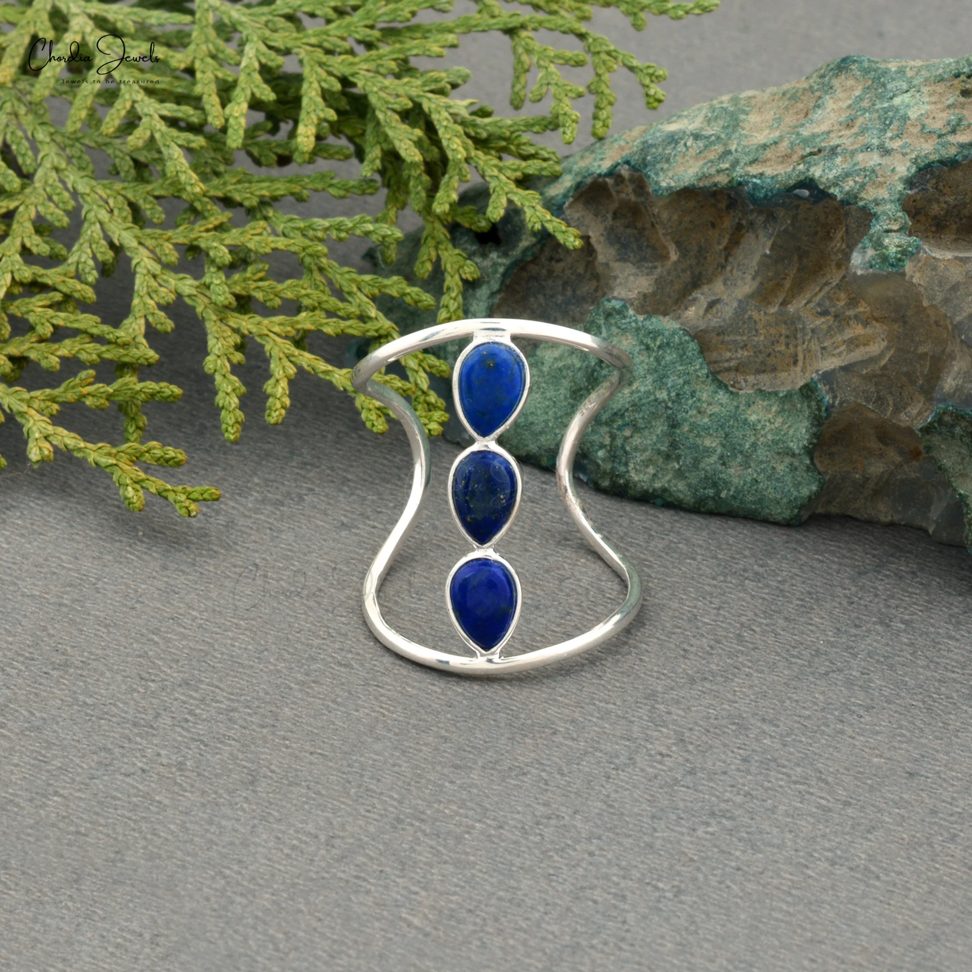 6X4MM Pear Shape Lapis Lazuli Cuff Ring for Women High Quality Sterling Silver 925 Jewellery Three Blue Stone Ring at Best Price