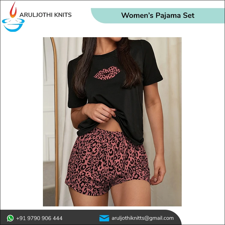 Women Night Dress 100% Pure Cotton Short Sleeve t-shirt and shorts Pajama Set Leopard print Indian Manufacturer Ladies sleepwear