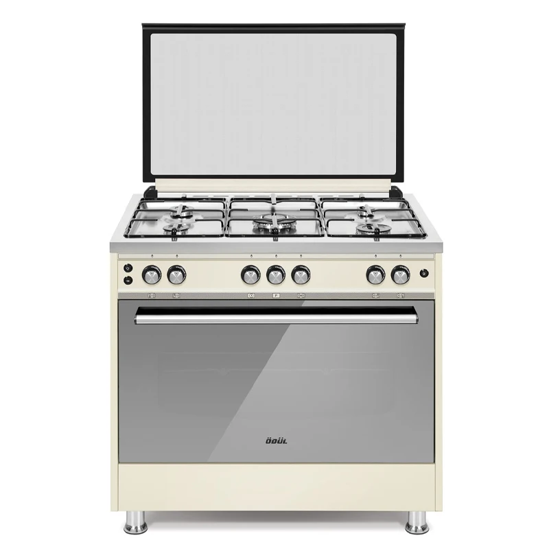 90cm Semi Professional 304 Quality Inox Top Table Middle WOK Burner Enameled Grids Ivory Body Mirror Glass Door Stove