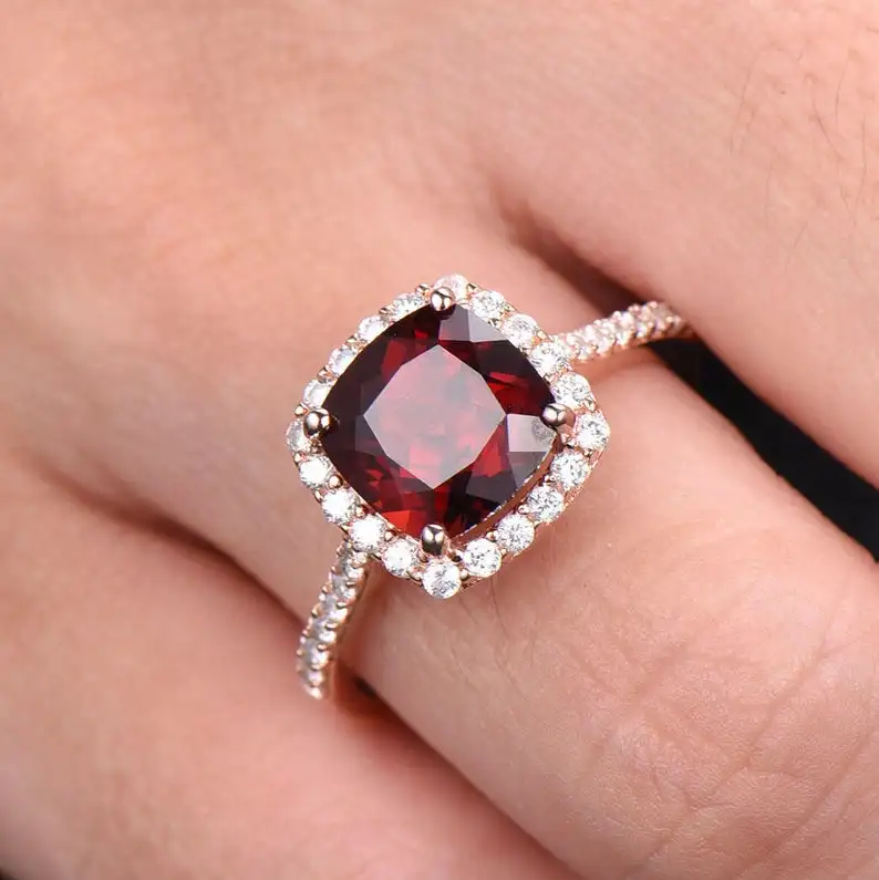 Обручальное кольцо с гранатом обещания красным покрытое розовым золотом CZ Halo серебро 925 пробы свадебное ПАВЕ