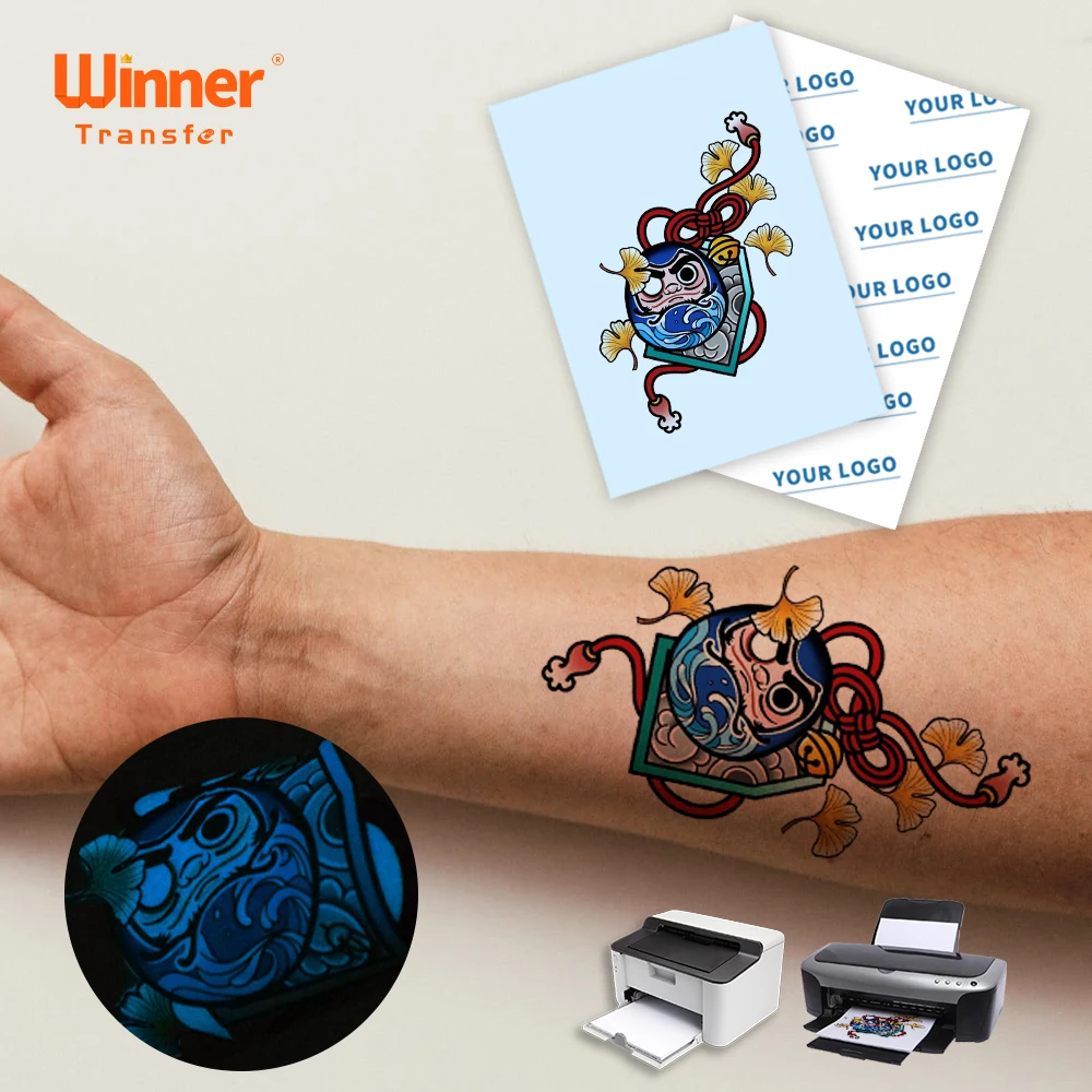 Ready to ship Pack of 100 Sheets Winner transfer blue glow in dark tattoo transfer paper for laser and inkjet printing, skin