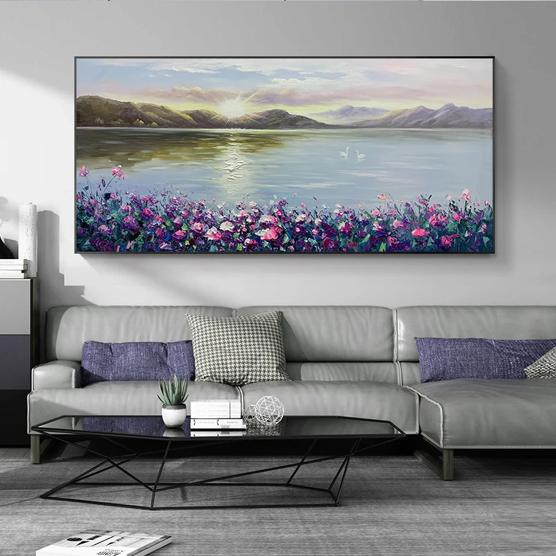 2021 Modern Landscape Canvas Oil Painting purple flower Wall Art Decors for Living Room 20X39inch/50X100cm