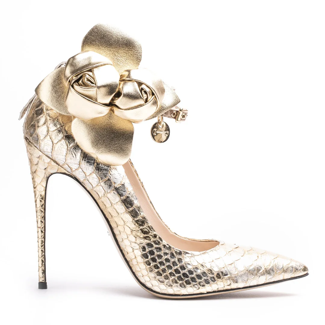 Handmade in Italy stiletto heel snakeskin leather and leather handmade roses woman pumps shoes