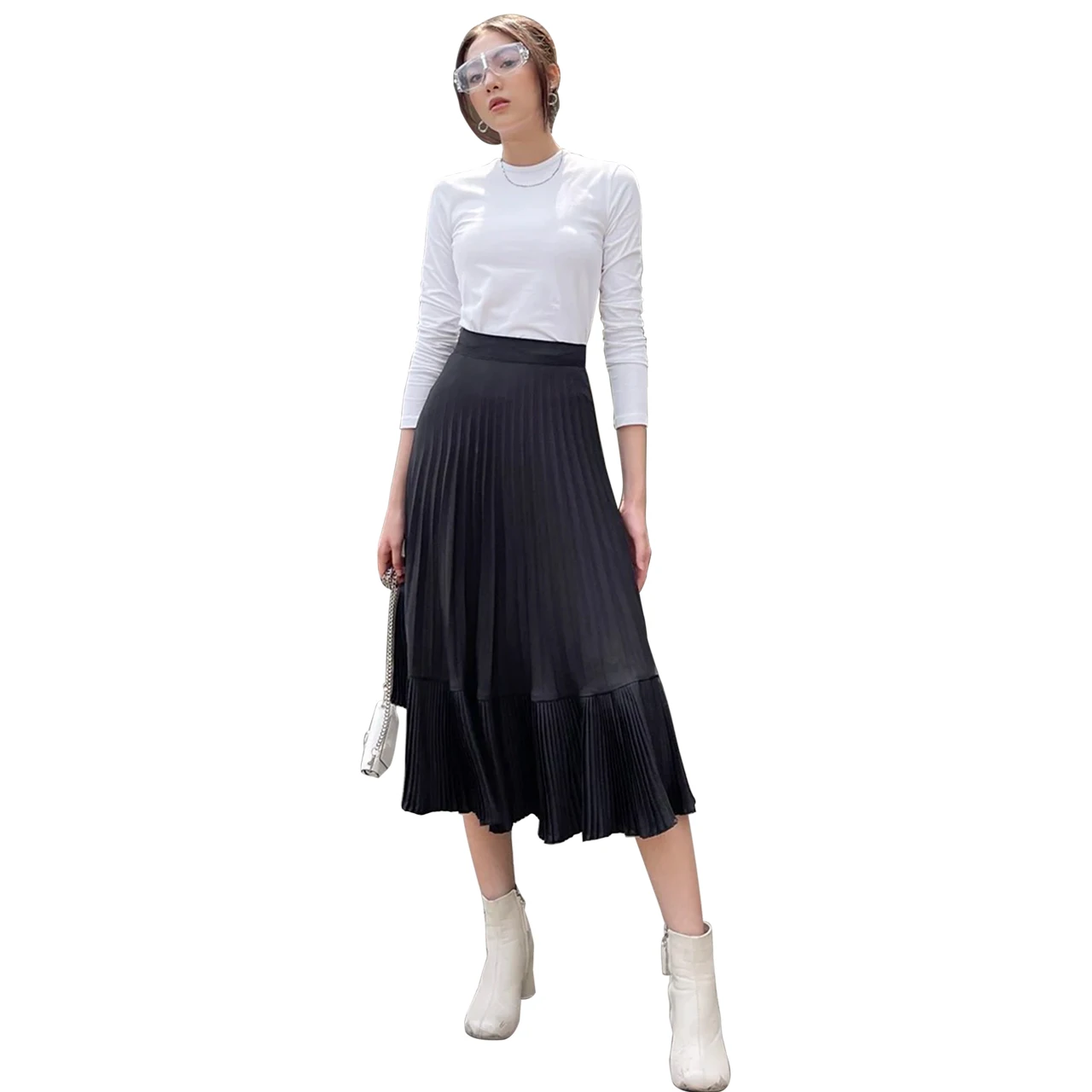 New Arrival Korean Women Skirts Clothing High Waist Asymmetrical Elastic Pleated Midi Skirts Made in Vietnam