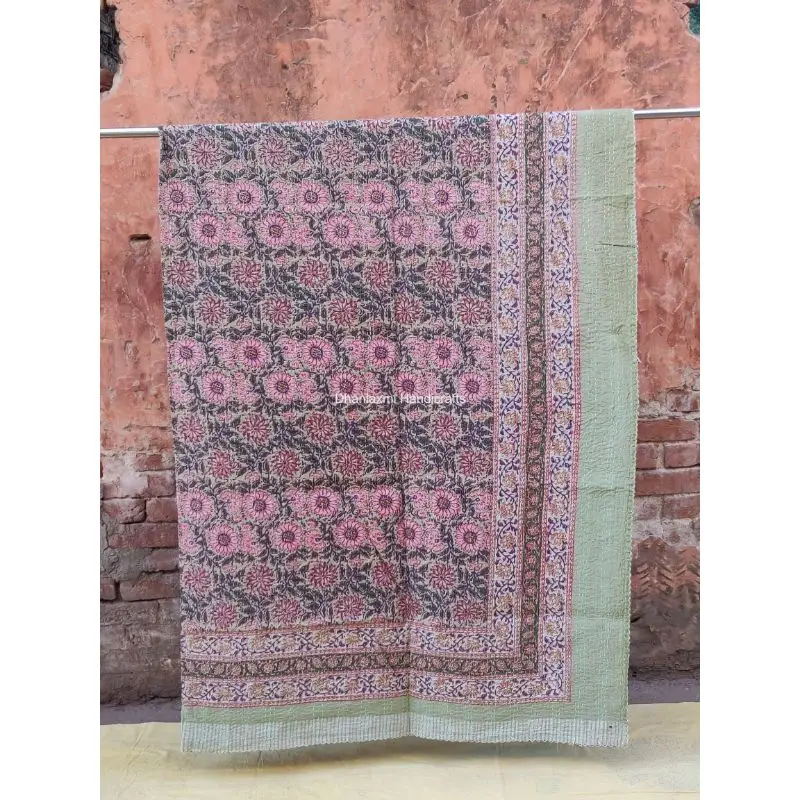 Green Indian Handmade Sunflower Print Cotton Kantha Quilt Beautiful Floral Wholesale Kantha Bedspread