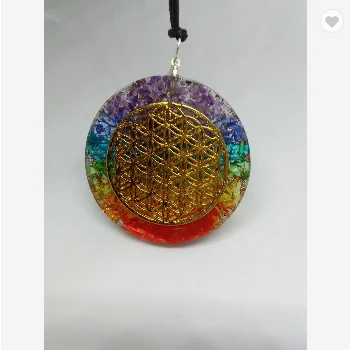 7 Chakra Onyx Stone Gemstone Pendant With Flower Of Life Logo Energetic