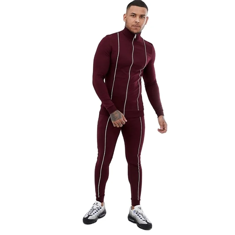 
KY Funnel neck Zip fastening burgundy tracksuit muscle track jacket/Fitted cuffs super skinny joggers men with reflective piping 