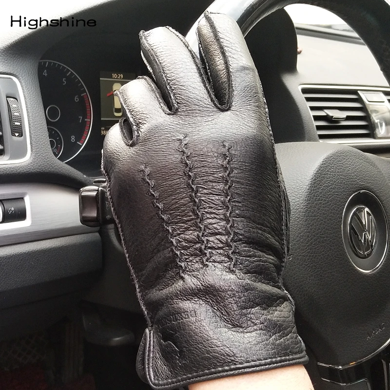 Leather gloves men Lined Deerskin motorcycle Gloves Touch Screen Driving Wool Warm Driving Gloves