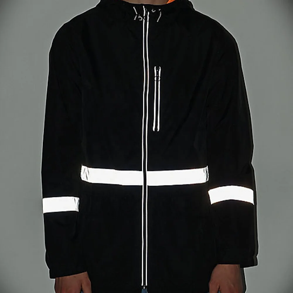 custom windbreaker high visibility men street wear Black with white reflective tape zipper