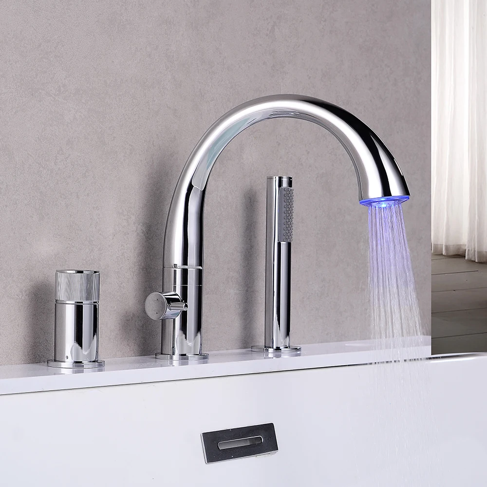 Modern Single Lever LED Deck Mount Brass Bathroom Bath Mixer Tap Standing Bathtub Faucet Set