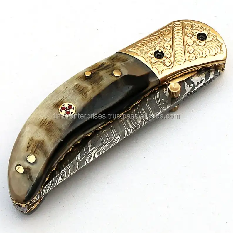 Best price damascus steel blade ram horn  handle hunting skinning knife folding blade knife pocket knife  F-003