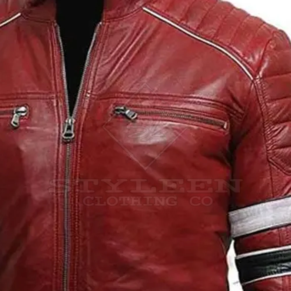 Wholesale Multi side pockets faux leather Zipper Black Collar Men Leather Jacket
