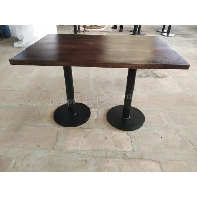 Graceful cafe bar solid surface Wooden And Iron Fusion dining table with Double chromed leg