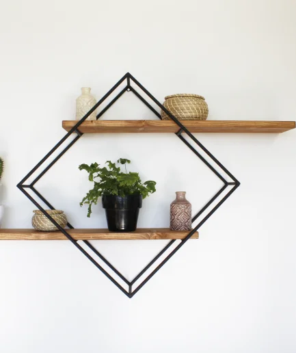 Classic Design Black Diamond Wall Shelf Wooden Shelves 2 Tiers Metal Wire Living Room Storage Home Decor Wholesale Price India