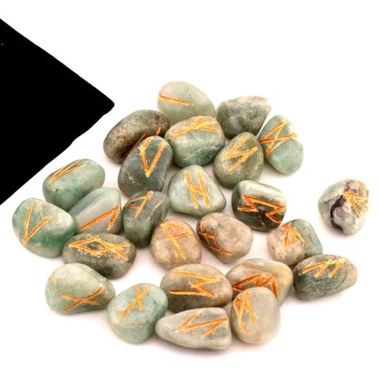 Handmade 25pcs Green Aventurine Elder Futhark Rune Set Reiki Healing Chakra Balance Engraved Quartz Gemstone Model Alfazal Agate